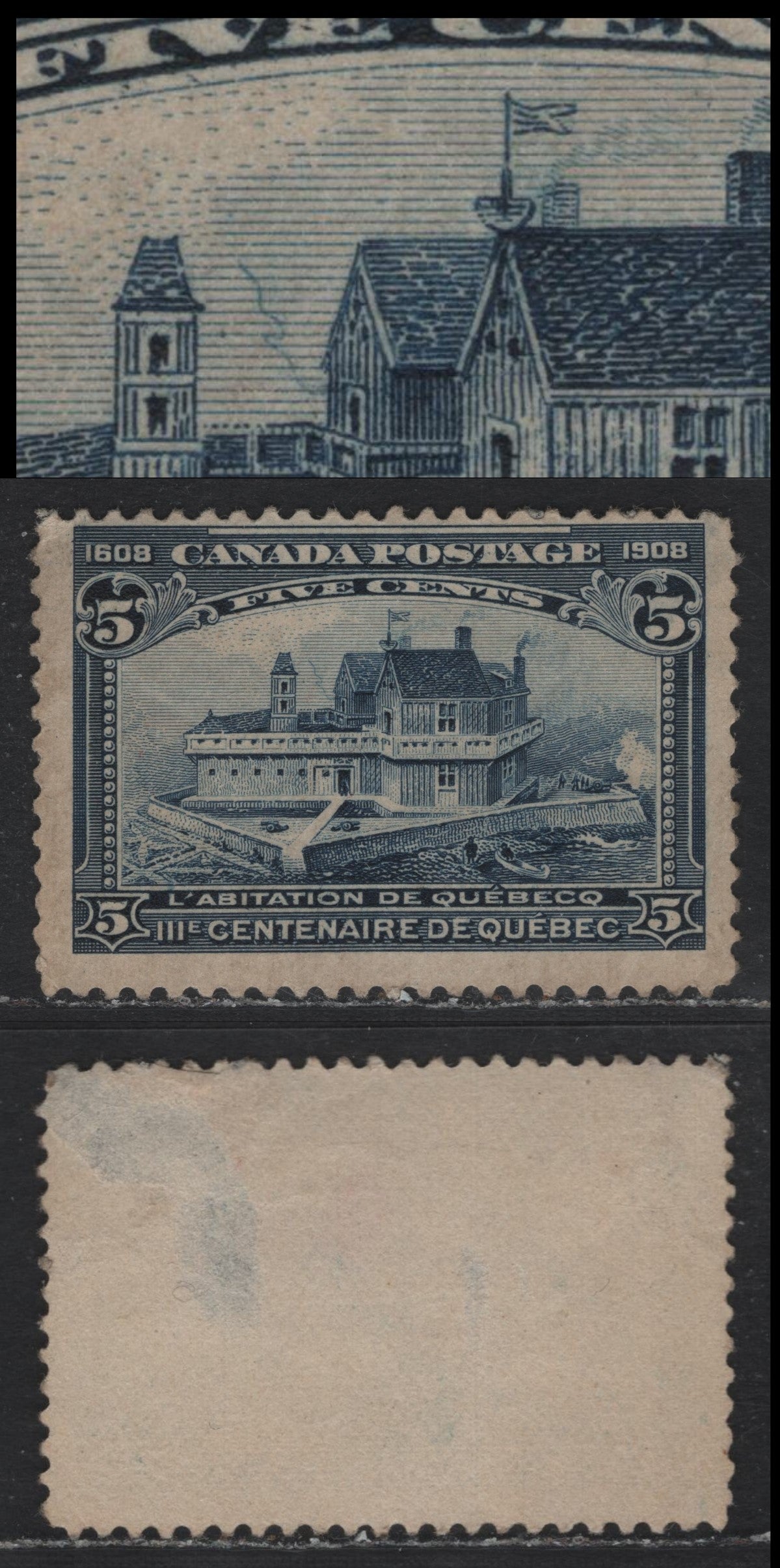 Lot 43 Canada (C) #99var 5c Dark Blue, 1908 Quebec Tercentenary Issue, A Very Good Unused Single, ABN-B Paper, Perf 12x11.9, Large Squiggly Line Between The Upper Buildings, Shallow Thin At UR.