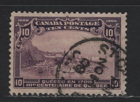Lot 46 Canada #101 10c Dark Purple, 1908 Quebec Tercentenary Issue, A Very Fine Used Single, ABN-B Paper, Perf 12, St Catherines, ONT Cancel November 14 1908.