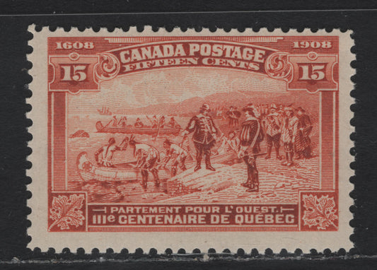 Lot 47 Canada (C) #102 15c Dull Orange, 1908 Quebec Tercentenary Issue, A FOG Single, ABN-DDDDD Paper, Perf 11.9x12