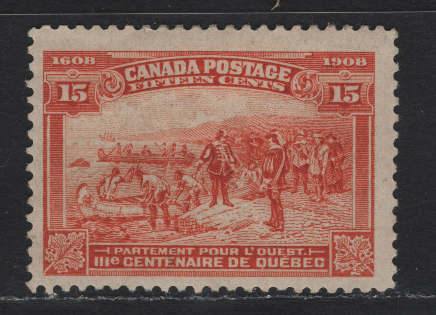 Lot 48 Canada #102 15c Orange, 1908 Quebec Tercentenary Issue, A FOG Single, ABN-D Paper, Perf 11.9