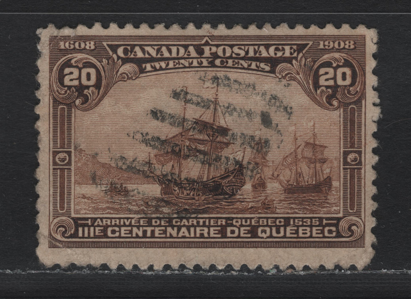 Lot 51 Canada #103 20c Brown Black, 1908 Quebec Tercentenary Issue, A Fair Used Single, ABN-A Paper, Perf 12x11.9, Two Severe Corner Crease At UL & LL.