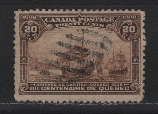 Lot 51 Canada #103 20c Brown Black, 1908 Quebec Tercentenary Issue, A Fair Used Single, ABN-A Paper, Perf 12x11.9, Two Severe Corner Crease At UL & LL.