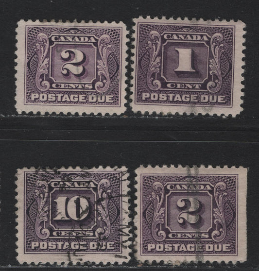 Lot 22 Canada #J1c, J2c, J2, J5 1c - 10c Deep Rose Lilac - Deep Lilac, 1906-1928 Postage Dues, 4 Fine Used Singles, Papers & Perfs Unchecked As To Specifics, Minor Wrinkle On Paper Of 10c