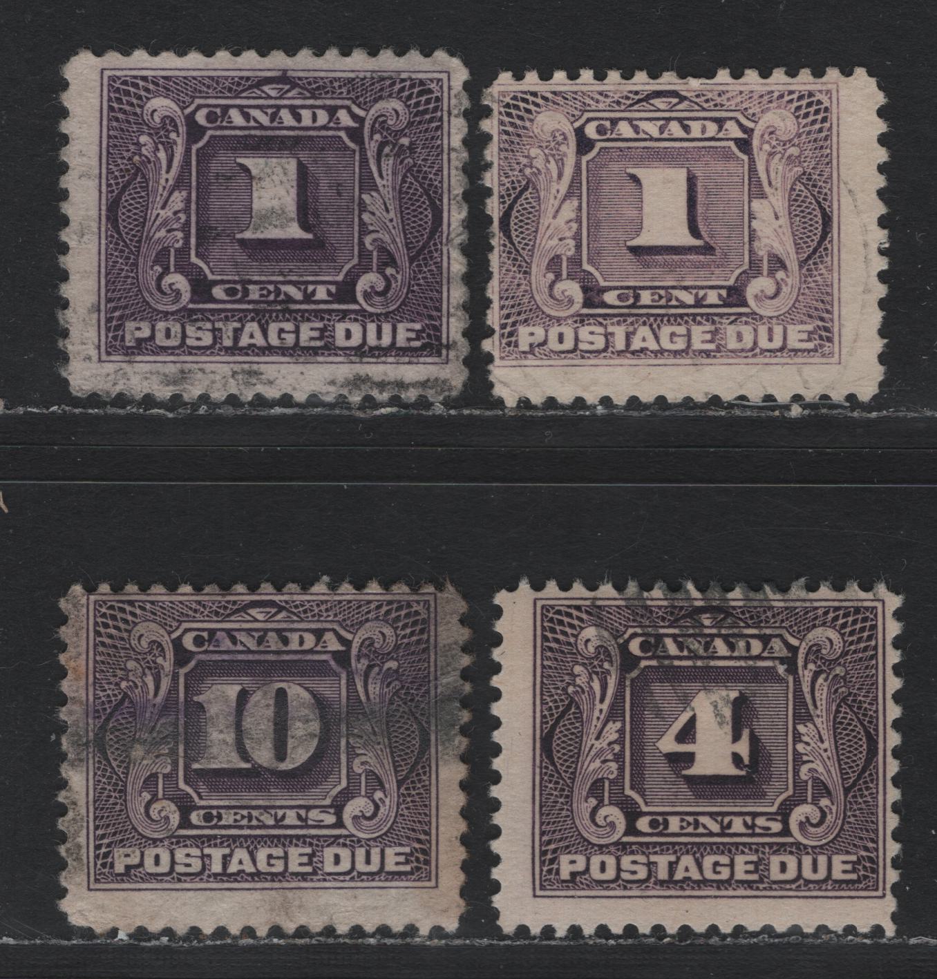 Lot 57 Canada #J1, J1c, J3, J5 1c - 10c Blackish Lilac - Deep Rose Lilac, 1906-1928 Postage Dues, 4 Very Good/Fine Used Singles, Dry Printing