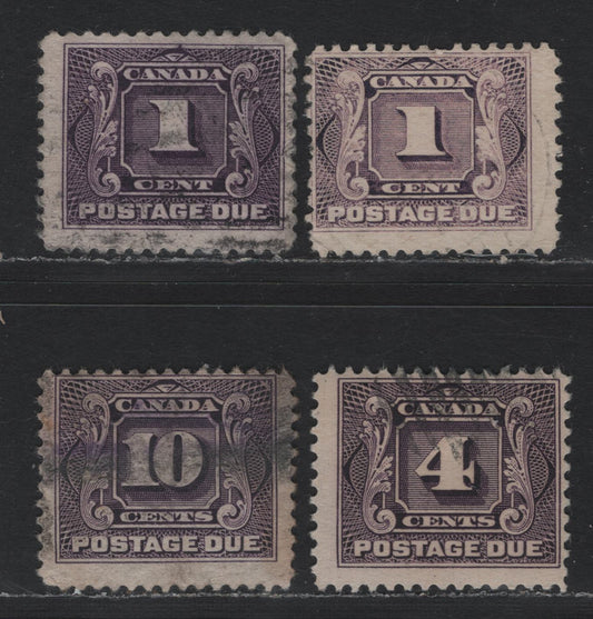 Lot 23 Canada #J1, J1c, J3, J5 1c - 10c Blackish Lilac - Deep Rose Lilac, 1906-1928 Postage Dues, 4 Very Good/Fine Used Singles, Dry Printing