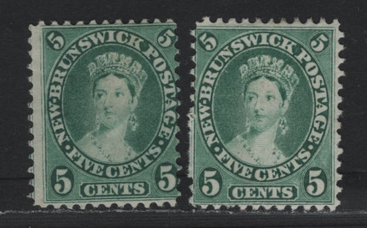 Lot 62 New Brunswick (C) #8a 5c Blue Green, 1860 Cents Issue, 2 VG/FOG & Unused Singles, Cents-K Paper, Perf 12, One With Gum, One Unused.