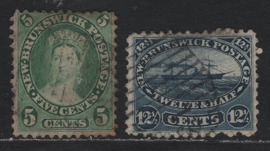 Lot 63 New Brunswick #8, 10 5c - 12.5c Yellow Green - Blue, 1860 Cents Issue, 2 Fine Used Singles, Unchecked As To Exact Paper Type, Perfs 12x11.75 & 11.75, 12.5c Has A #13 Grid Cancel For Fredericton.
