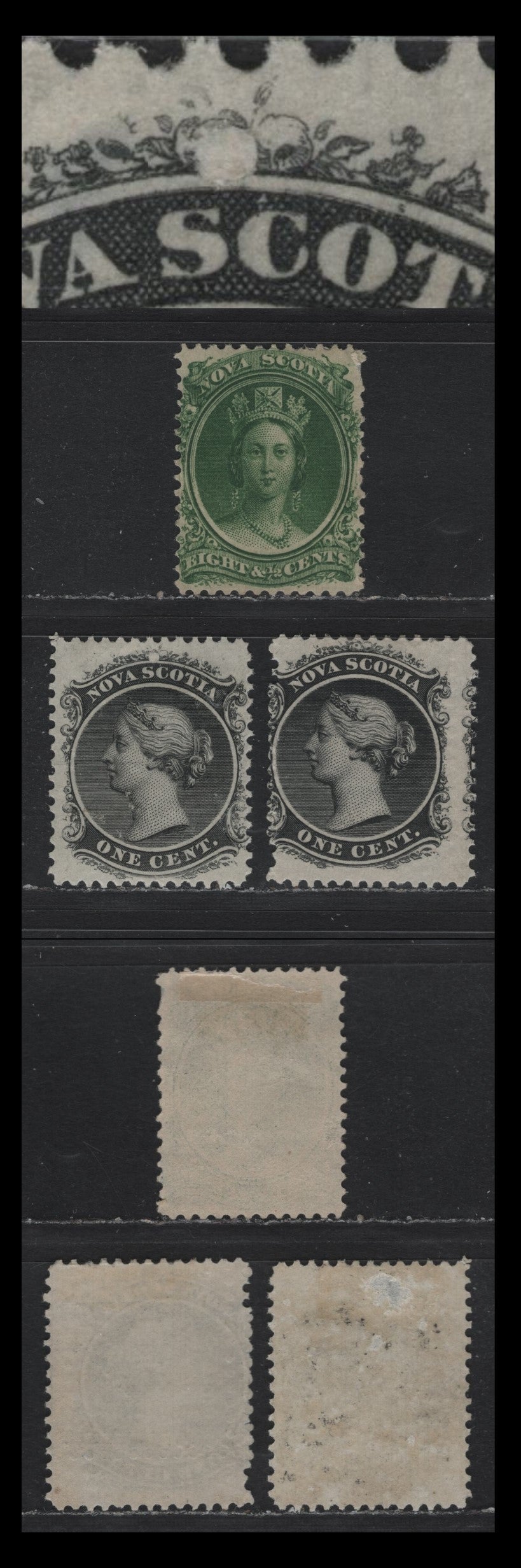 Lot 68 Nova Scotia (C) #8a, 11 1c - 8.5c Black - Green, 1860-1863 Queen Victoria Issue, 3 VG/FOG Singles, Cents-N & Cents-G Paper