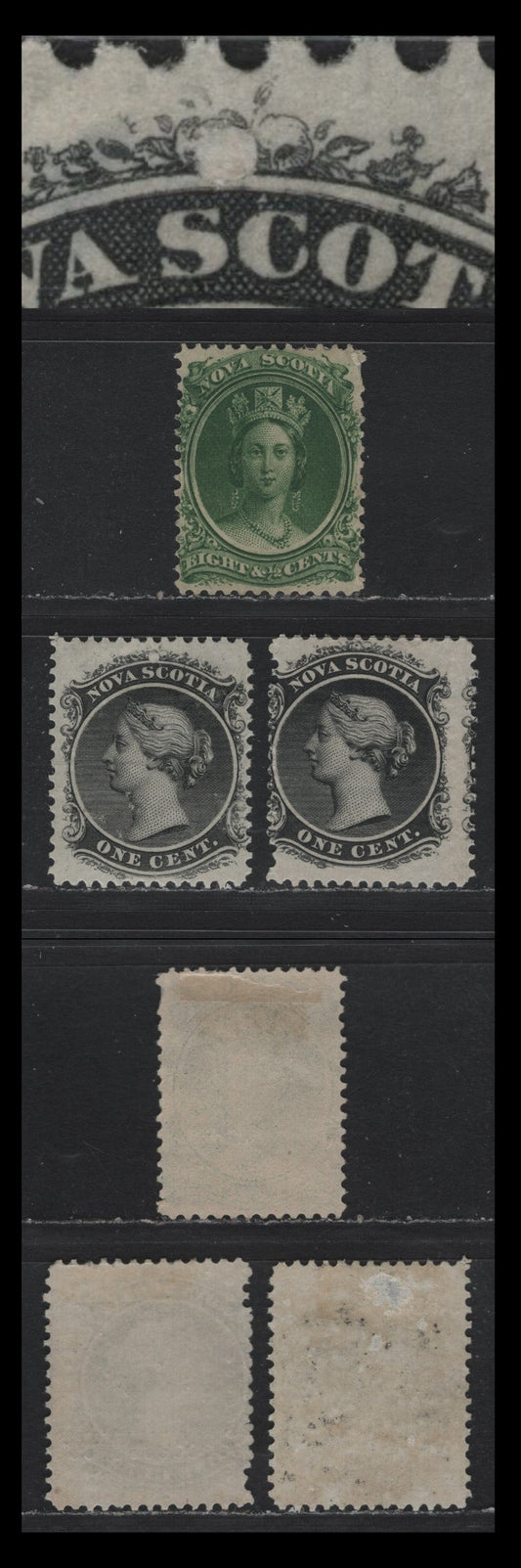 Lot 68 Nova Scotia (C) #8a, 11 1c - 8.5c Black - Green, 1860-1863 Queen Victoria Issue, 3 VG/FOG Singles, Cents-N & Cents-G Paper