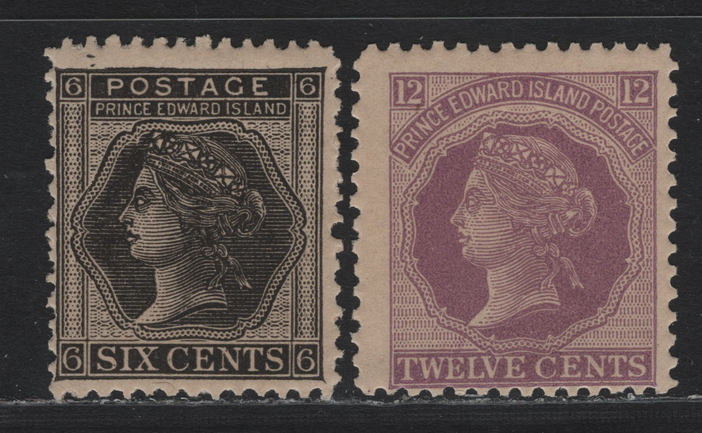 Lot 76 PEI #15-16 6c - 12c Black - Lilac, 1872 Queen Victoria Issue, 2 FNH Singles, Perf 12.1