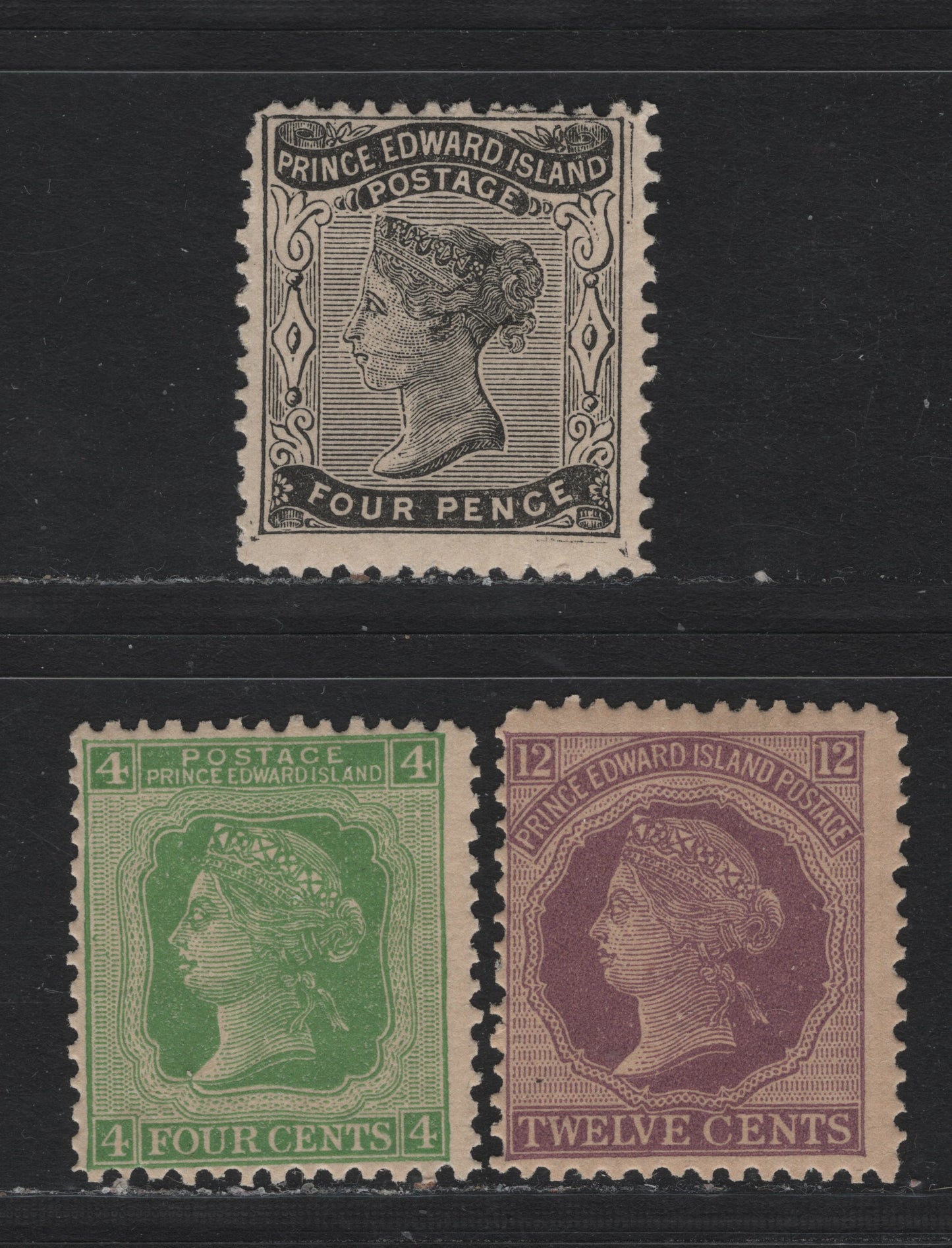 Lot 77 PEI #9a, 14, 16 4d - 12c Black - Lilac, 1868-1872 Queen Victoria Issues, 3 F/VFOG Singles, Perfs 11.75x11.4, 12.25x12.1 & 12.25