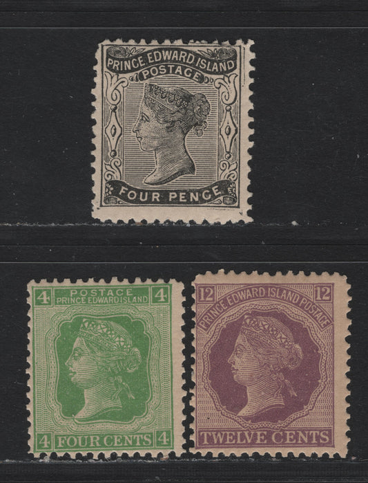 Lot 77 PEI #9a, 14, 16 4d - 12c Black - Lilac, 1868-1872 Queen Victoria Issues, 3 F/VFOG Singles, Perfs 11.75x11.4, 12.25x12.1 & 12.25