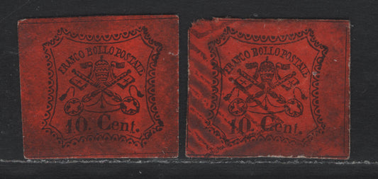 Lot 82 Italy - Roman States (C) SC#22b 10c Black on Orange Vermillion, 1868 Papal Arms Issue, 2 Ungraded Used Singles, Reprint On Unglazed Paper, Useful for Reverence, The Cancelled Example Has A Large Thin.