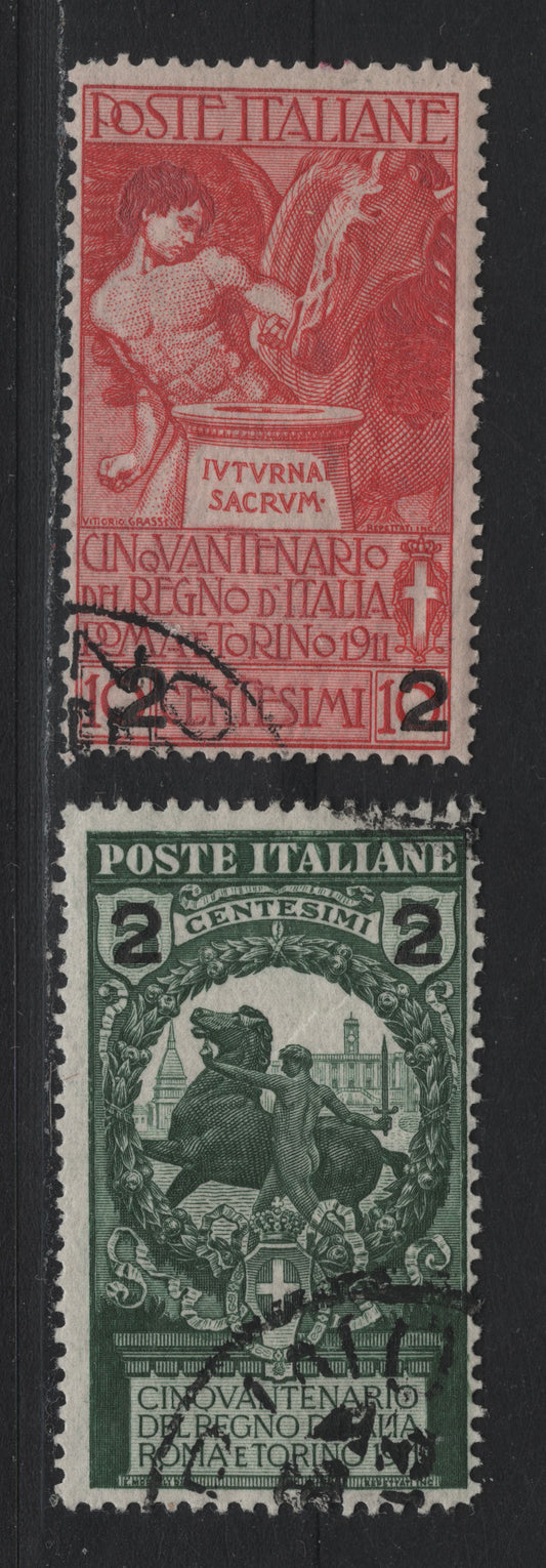 Lot 88 Italy SC#126-127 2c on 5c - 10c Deep Green - Carmine, 1913 Surcharges on Union Italian States Issue, 2 Fine Used Single, CTO Issues With Full OG Gum