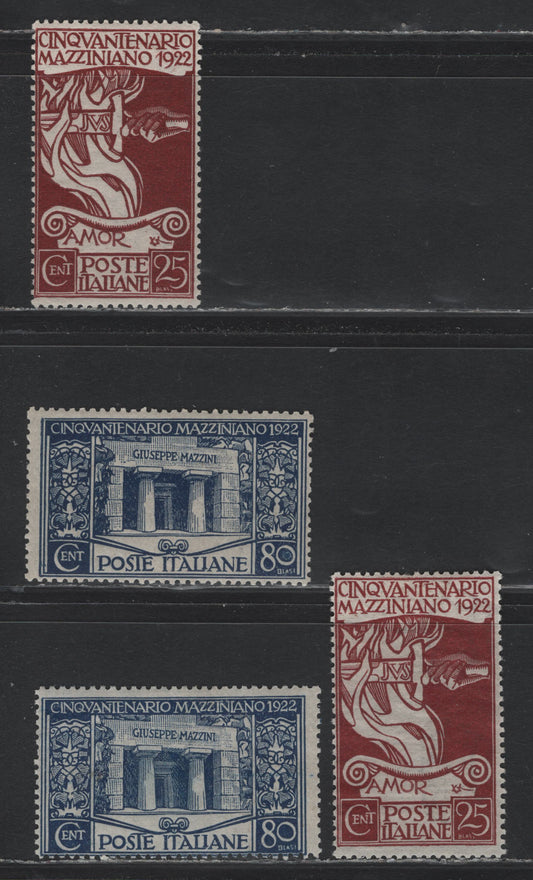 Lot 91 Italy SC#140, 142 25c - 20c Maroon - Dark Blue, 1922 Dante Alighieri Issue, 4 FOG Singles, Two Different Shades of Each Value