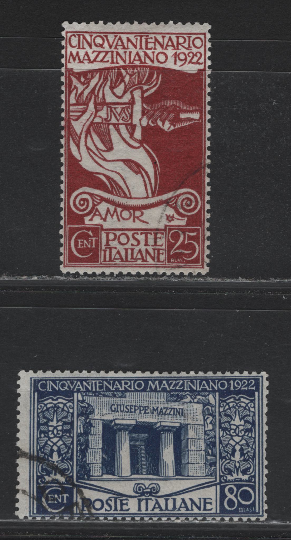 Lot 94 Italy (C) SC#140, 143 25c - 80c Bright Maroon Red - Deep Bright Blue, 1922 Dante Alighieri Issue, 2 Fine/Very Fine Used Singles, CTO Used Examples With Full Gum