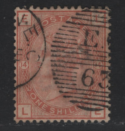 Lot 100 Great Britain SG#163 1/- Orange Brown, 1880-1883 Queen Victoria Surface Printed Issue, A Very Fine Used Single, Plate 14, Imperial Crown Wmk