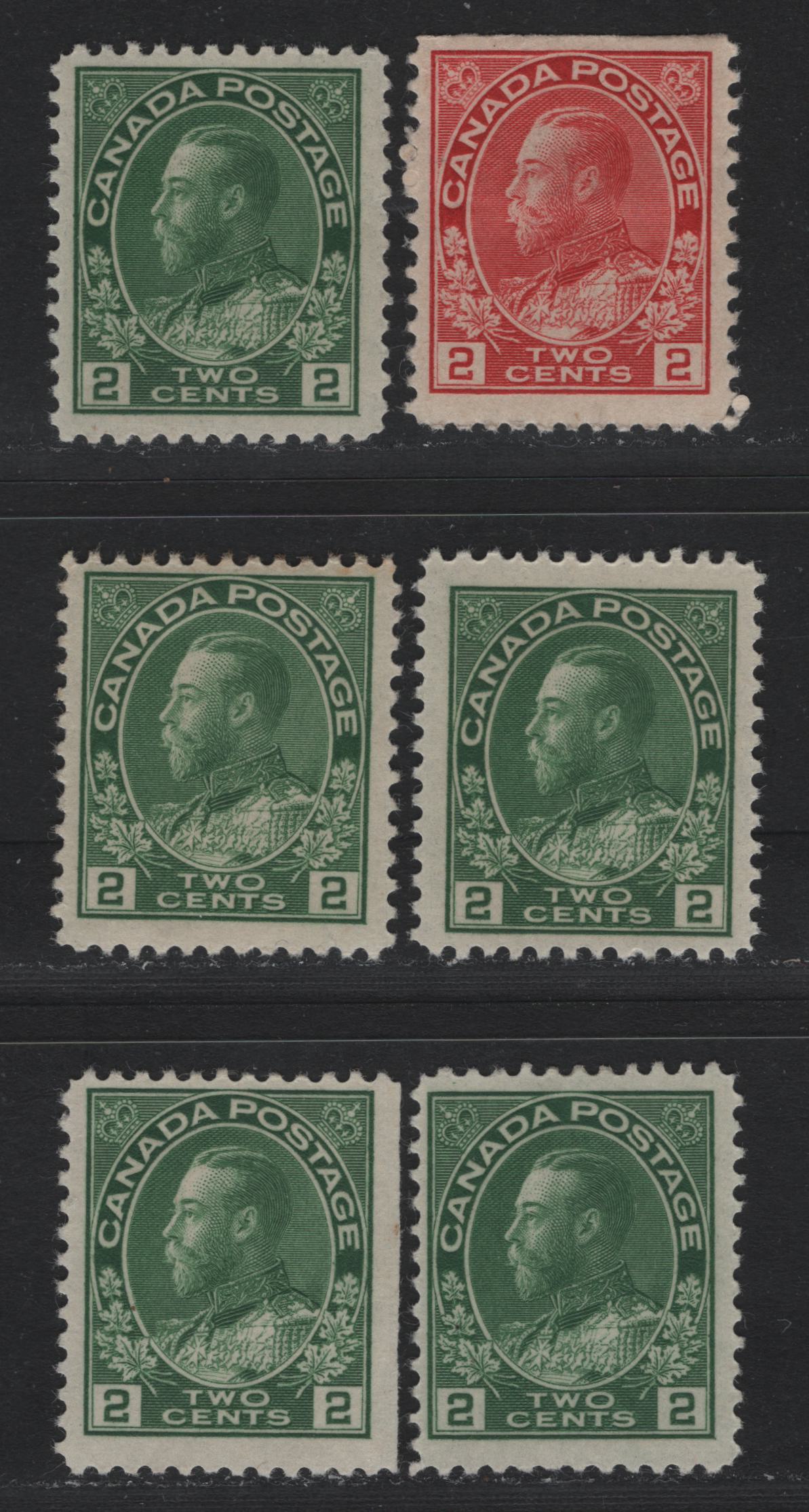 Lot 10 Canada #106, 107e, 107v 2c Carmine - Yellowish Green , 1911-1925 KGV Admiral Issue, 6 FOG Singles, Dry Printings, ABN-E (Carmine), ABN-I (Green), ABN-I (Yellow Green), ABN-J & ABN-RRR Papers, Perfs 11.9x12, 11.9, 12.2x12, 12 & 12x11.9.