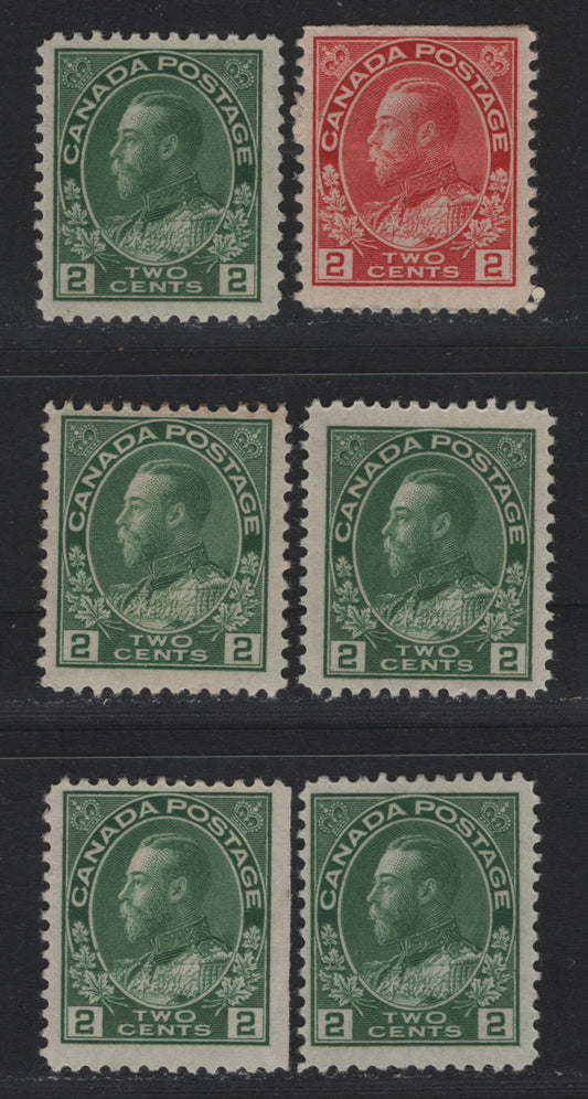 Lot 10 Canada #106, 107e, 107v 2c Carmine - Yellowish Green , 1911-1925 KGV Admiral Issue, 6 FOG Singles, Dry Printings, ABN-E (Carmine), ABN-I (Green), ABN-I (Yellow Green), ABN-J & ABN-RRR Papers, Perfs 11.9x12, 11.9, 12.2x12, 12 & 12x11.9.