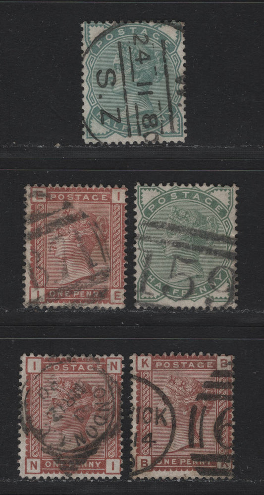 Lot 101 Great Britain (C) SG#164-166 1/2d - 1d Deep Blue Green - Venetian Red, 1880-1881 Queen Victoria Surface Printed Issue, 4 Fine Used Singles, Without Corner Letters
