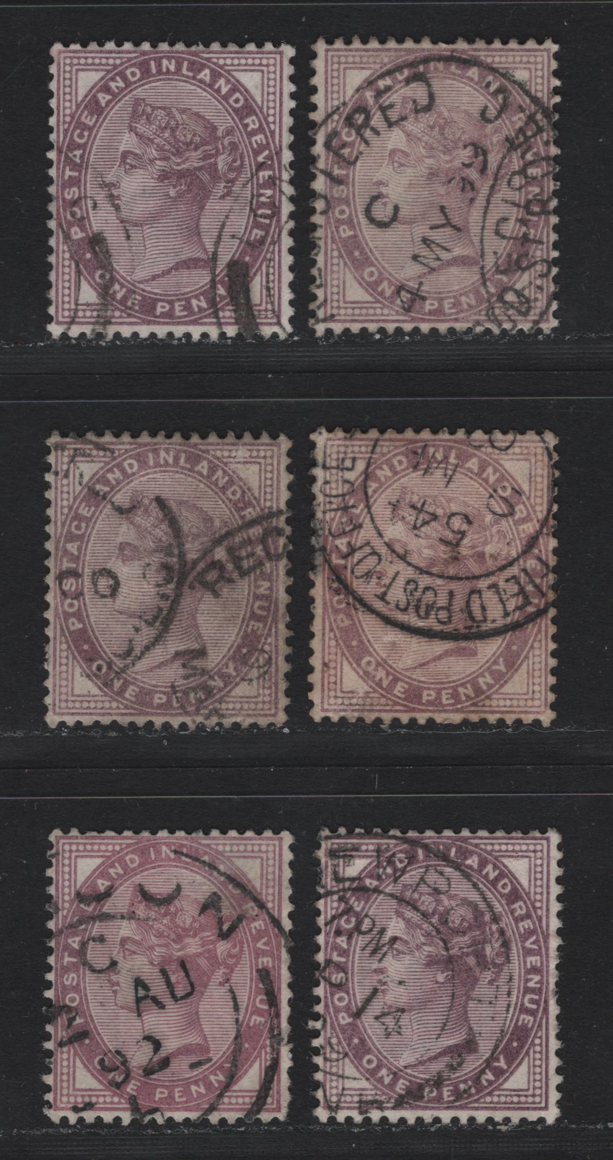 Lot 102 Great Britain (C) SG#172-174 1d Lilac - Mauve, 1881 Queen Victoria Surface Printed Issue, 6 Very Fine Used Singles, 16 Dots In Each Spandrel, Relatively Light Cancels, Including Field Post Office Military Cancel.