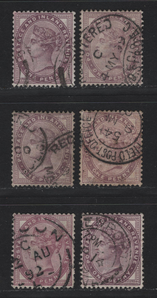 Lot 102 Great Britain (C) SG#172-174 1d Lilac - Mauve, 1881 Queen Victoria Surface Printed Issue, 6 Very Fine Used Singles, 16 Dots In Each Spandrel, Relatively Light Cancels, Including Field Post Office Military Cancel.