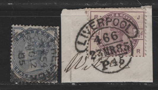 Lot 105 Great Britain (C) SG#187, 190 1/2d - 2.5d Slate Blue - Lilac, 1883-1884 Lilac & Green Issue, 2 Fine Used Singles, Nov 12 1883 Manchester Squared Circle Cancel & March 23 1885 Liverpool Arched CDS Cancel