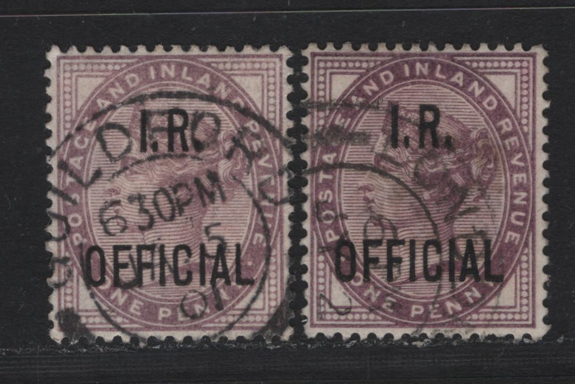 Lot 114 Great Britain (C) SG#O3 1d Lilac - Deep Purple, 1882-1901 Queen Victoria Official Issue, 2 Very Fine Used Singles