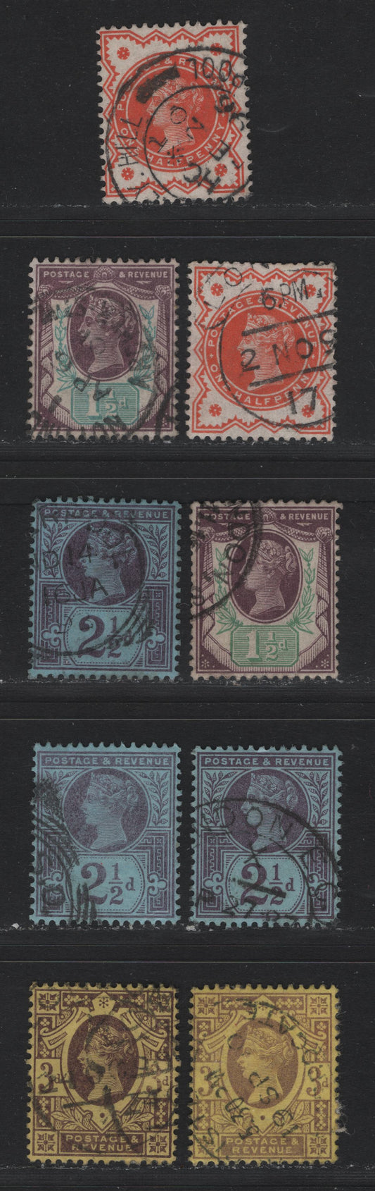 Lot 117 Great Britain (C) SG#197-198, 201-203 1/2d - 3d Vermillion - Deep Purple, 1887-1900 Jubilee Issue, 8 Fine/Very Fine Used Singles