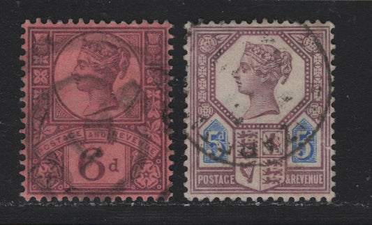 Lot 120 Great Britain (C) SG#207a, 208 5d - 6d Dull Purple & Blue - Purple on Rose Red, 1887-1900 Jubilee Issue, 2 Fine/Very Fine Used Singles