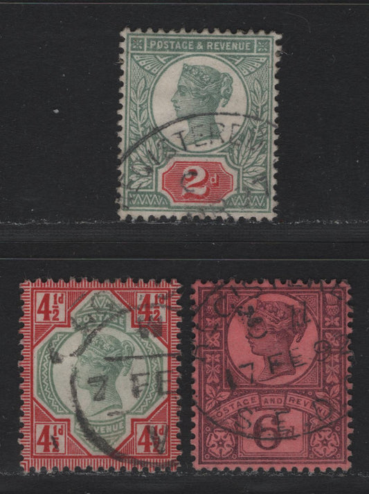 Lot 123 Great Britain SG#200, 206, 208 2d - 6d Gray Green & Carmine - Purple on Rose Red, 1887-1900 Jubilee Issue, 3 Very Fine Used Singles