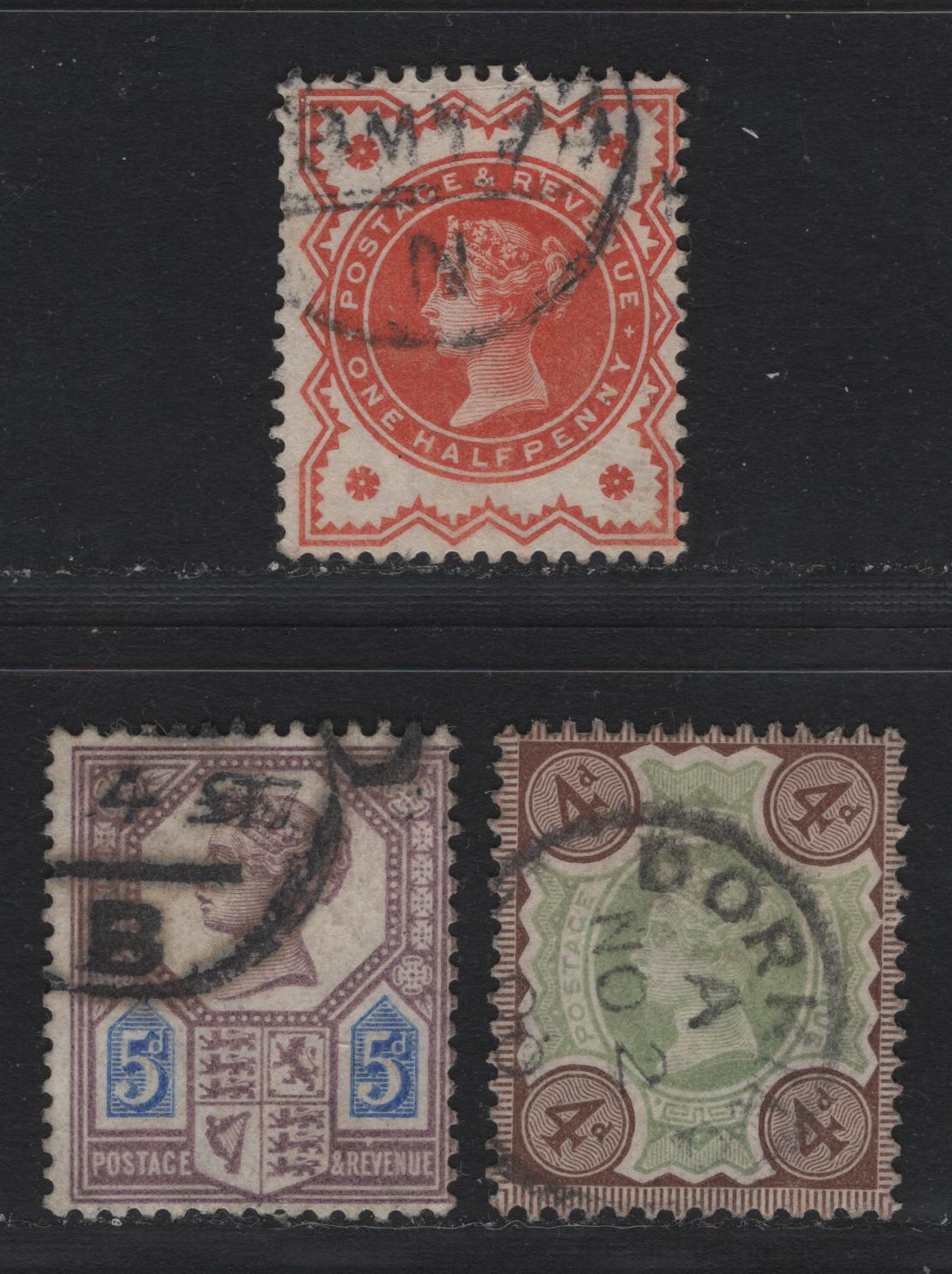 Lot 124 Great Britain SG#197, 205a, 207a 1/2d - 5d Vermillion - Dull Purple, 1887-1900 Jubilee Issue, 3 Very Good/Fine Used Singles