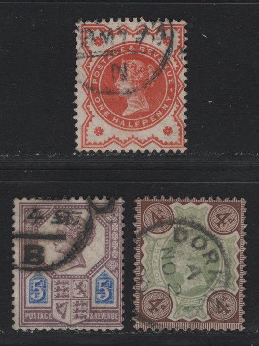 Lot 124 Great Britain SG#197, 205a, 207a 1/2d - 5d Vermillion - Dull Purple, 1887-1900 Jubilee Issue, 3 Very Good/Fine Used Singles