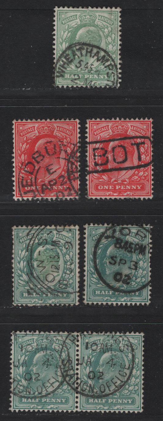Lot 125 Great Britain (C) SG#215-217, 219 1/2d - 1d Dull Blue Green - Scarlet, 1902-1910 King Edward VII Issue, 6 Very Fine Used Singles & Pair, De La Rue Printing, Used Examples With Readable Town Cancels