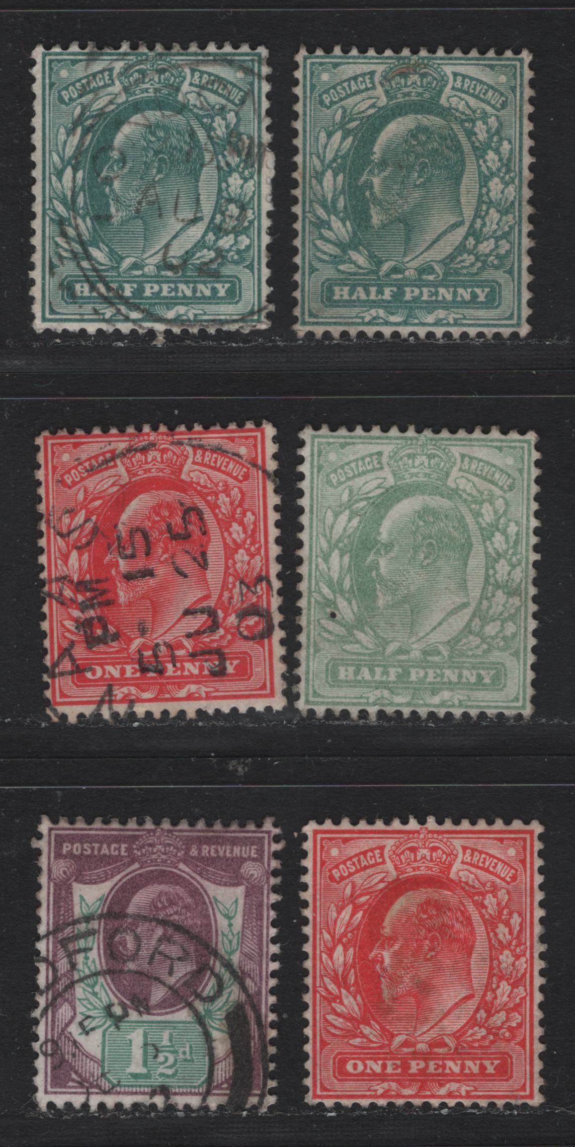 Lot 126 Great Britain (C) SG#215-217, 219-220 1/2d - 1.5d Dull Blue - Dull Purple & Green, 1902-1910 King Edward VII Issue, 6 Very Fine Used Singles, De La Rue Printing