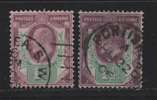 Lot 127 Great Britain (C) SG#222-224 1.5d - 1.5d Slate Purple & Green - Pale Dull Purple & Green, 1902-1910 King Edward VII Issue, 2 Fine/Very Fine Used Singles, De La Rue Printing, Chalk Surfaced Paper, June 22 1906 Portishead Cancel.