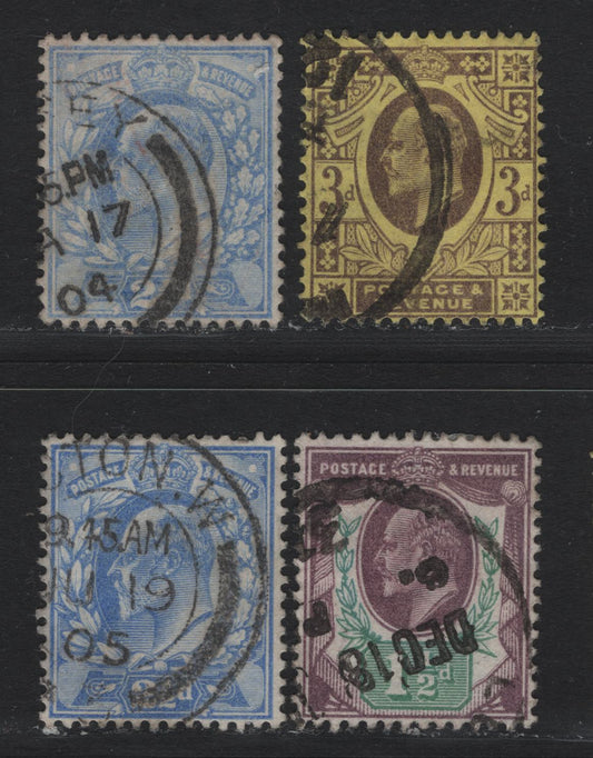 Lot 128 Great Britain SG#222, 230-231, 232b 1.5d - 3d Slate Purple & Green - Deep Purple on Orange Yellow, 1902-1910 King Edward VII Issue, 4 Fine/Very Fine Used Singles, De La Rue Printing, Ordinary Paper, Light Diagonal Corner Crease On 2.5d.