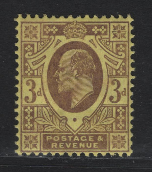 Lot 129 Great Britain SG#233 3d Dull Reddish Purple, 1902-1910 King Edward VII Issue, A VGOG Single, De La Rue Printing, Chalk Surfaced Paper, Horizontal Crease About 1/3 Of The Way Up The Stamp.
