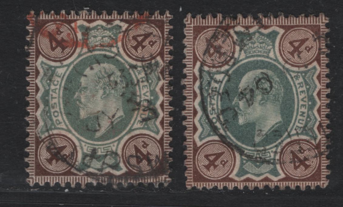 Lot 130 Great Britain SG#236 4d Green & Chocolate, 1902-1910 King Edward VII Issue, 2 Fine/Very Fine Used Singles, De La Rue Printing, One In A Slightly Duller Green Shade With Diagonal Crease