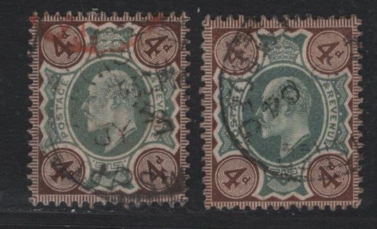 Lot 130 Great Britain SG#236 4d Green & Chocolate, 1902-1910 King Edward VII Issue, 2 Fine/Very Fine Used Singles, De La Rue Printing, One In A Slightly Duller Green Shade With Diagonal Crease