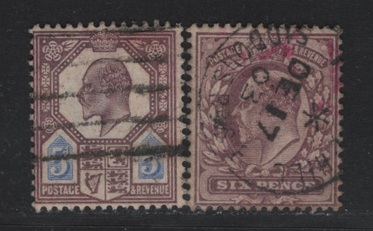 Lot 135 Great Britain (C) SG#243, 245 5d - 6d Slate Purple & Ultramarine - Pale Dull Purple, 1902-1910 King Edward VII Issue, 2 Fine Used Singles, De La Rue Printing, Ordinary Paper