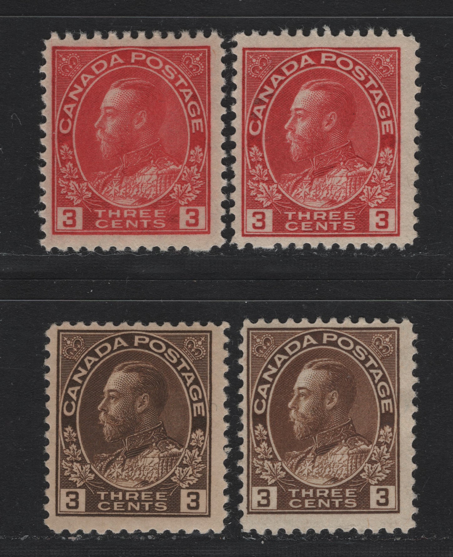 Lot 14 Canada #108, 109,d 3c Dark Yellow Brown - Rose Carmine Red , 1911-1925 KGV Admiral Issue, 4 FOG/NH Singles, 3c Brown Wet Printings, Rest Are Dry Printings, Die 1, ABN-E, ABN-F & ABN-J Papers, Perfs 12x11.9 & 11.9x12.