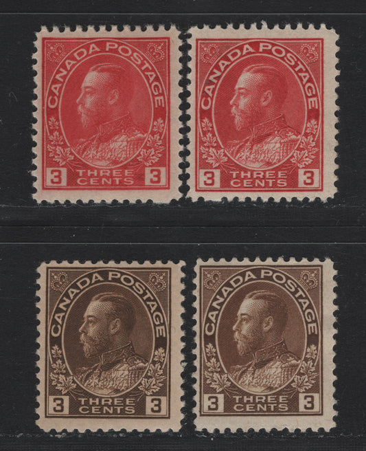 Lot 14 Canada #108, 109,d 3c Dark Yellow Brown - Rose Carmine Red , 1911-1925 KGV Admiral Issue, 4 FOG/NH Singles, 3c Brown Wet Printings, Rest Are Dry Printings, Die 1, ABN-E, ABN-F & ABN-J Papers, Perfs 12x11.9 & 11.9x12.