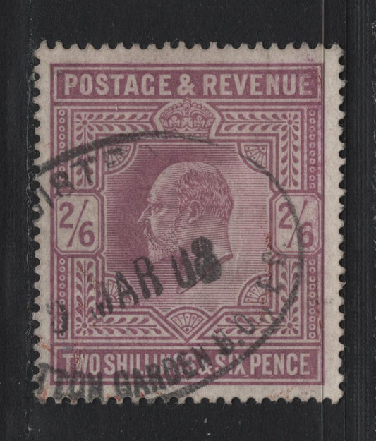 Lot 148 Great Britain SG#261 2/6d Pale Dull Purple, 1911-1913 King Edward VII Issue, A Fine Used Single, De La Rue Printing, Chalky Paper, March 1908 Sutton Garden Registered Cancel, Very Light Corner Bend.