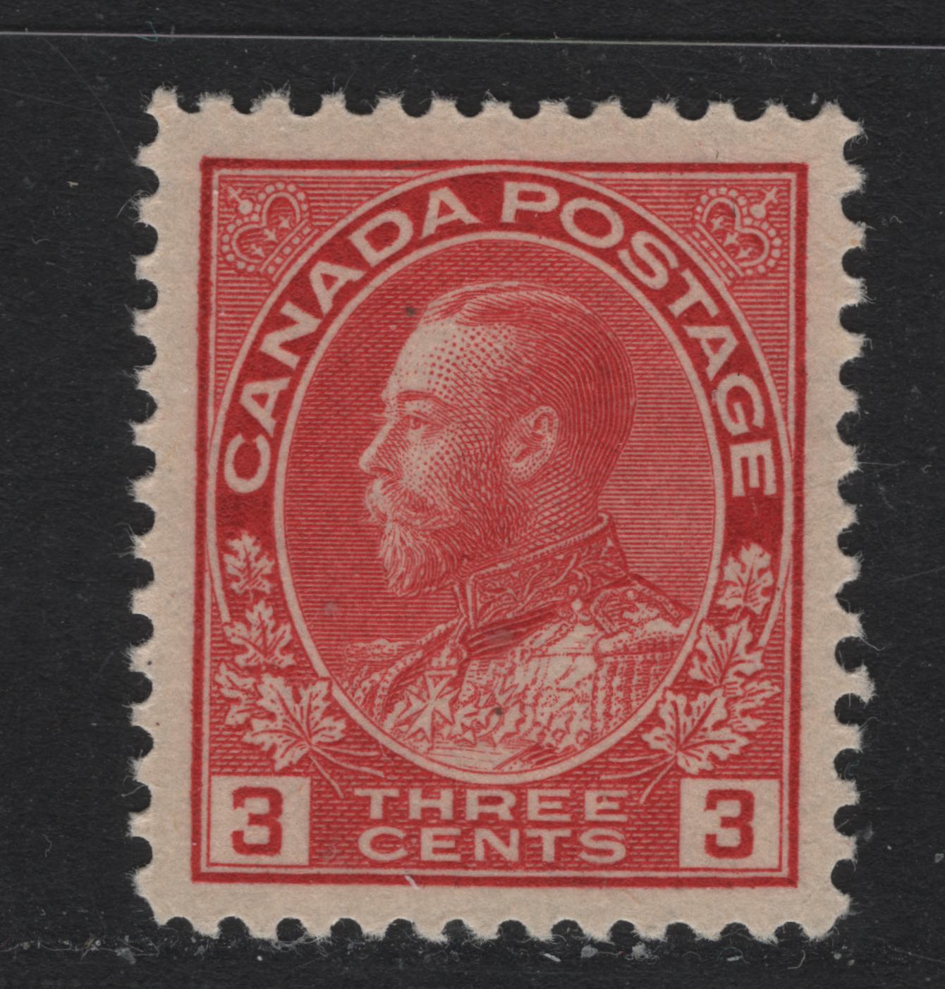 Lot 15 Canada #109d 3c Rose Carmine , 1911-1925 KGV Admiral Issue, A VFNH Single, ABN-J Paper, Perf 11.9, Die 1, Dry Printing.