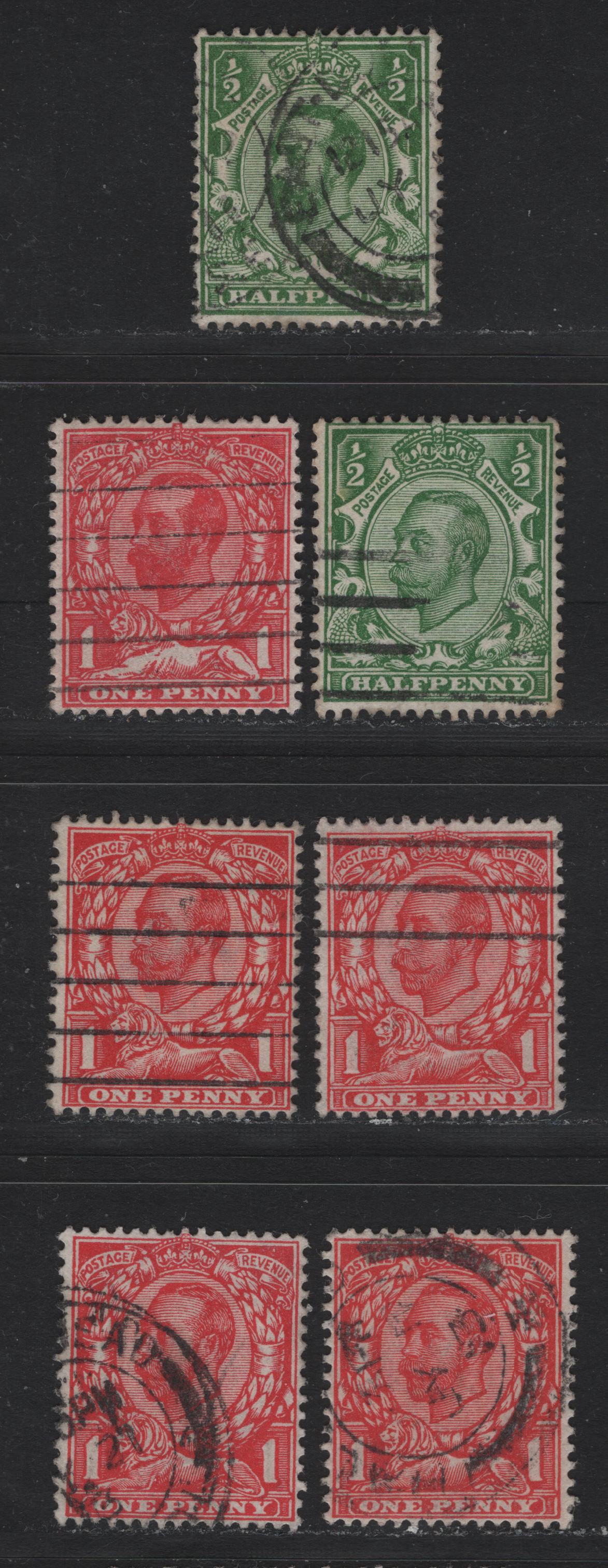 Lot 151 Great Britain (C) SG#322, 329, 339, 341-342, 345 1/2d - 1d Green - Scarlet, 1911-1912 Downey Heads Issue, 7 Fine/Very Fine Used Singles, Various Dies & Watermarks