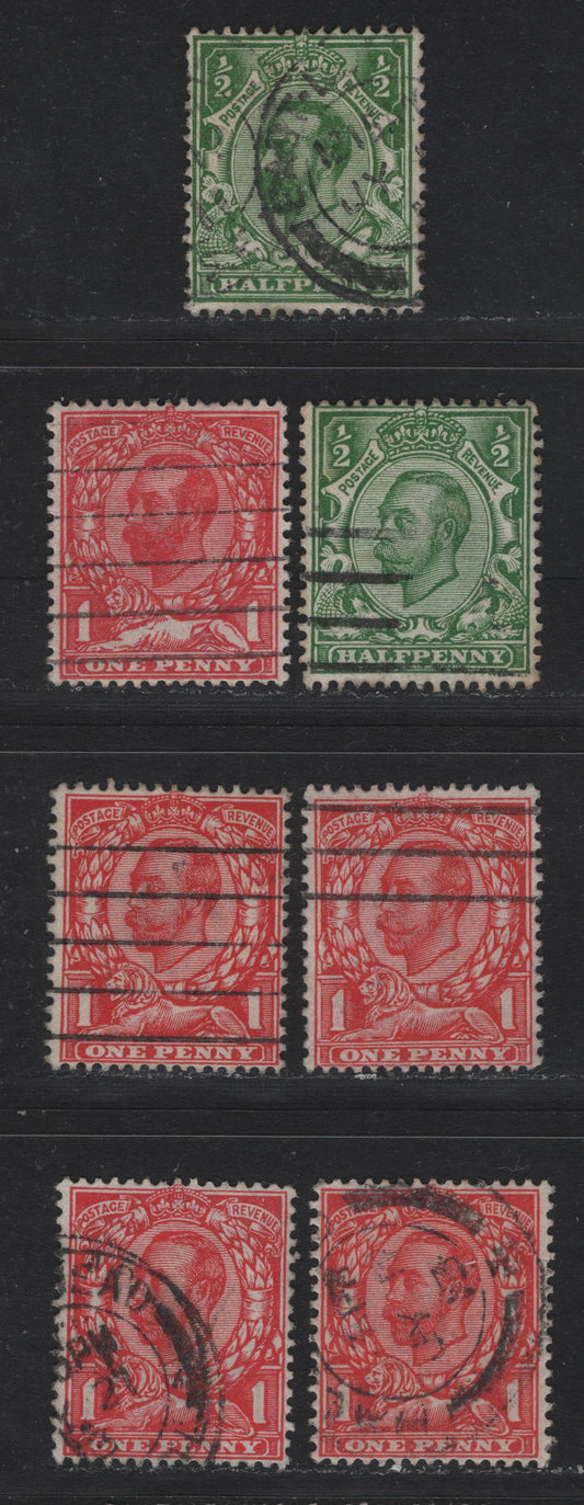 Lot 151 Great Britain (C) SG#322, 329, 339, 341-342, 345 1/2d - 1d Green - Scarlet, 1911-1912 Downey Heads Issue, 7 Fine/Very Fine Used Singles, Various Dies & Watermarks