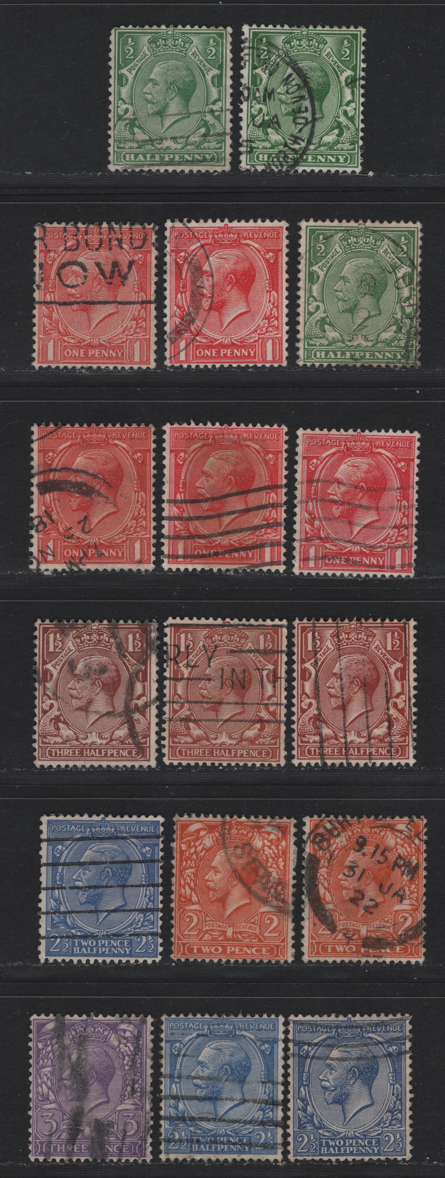 Lot 153 Great Britain (C) SG#351-352, 354, 357, 359-360, 362, 364, 369-371, 371a, 372, 374 1/2d - 3d Green - Dull Reddish Violet, 1913-1924 KGV Profile Heads Issue, 17 Fine Used Singles, Includes 2d Orange & Bright Orange Die 1
