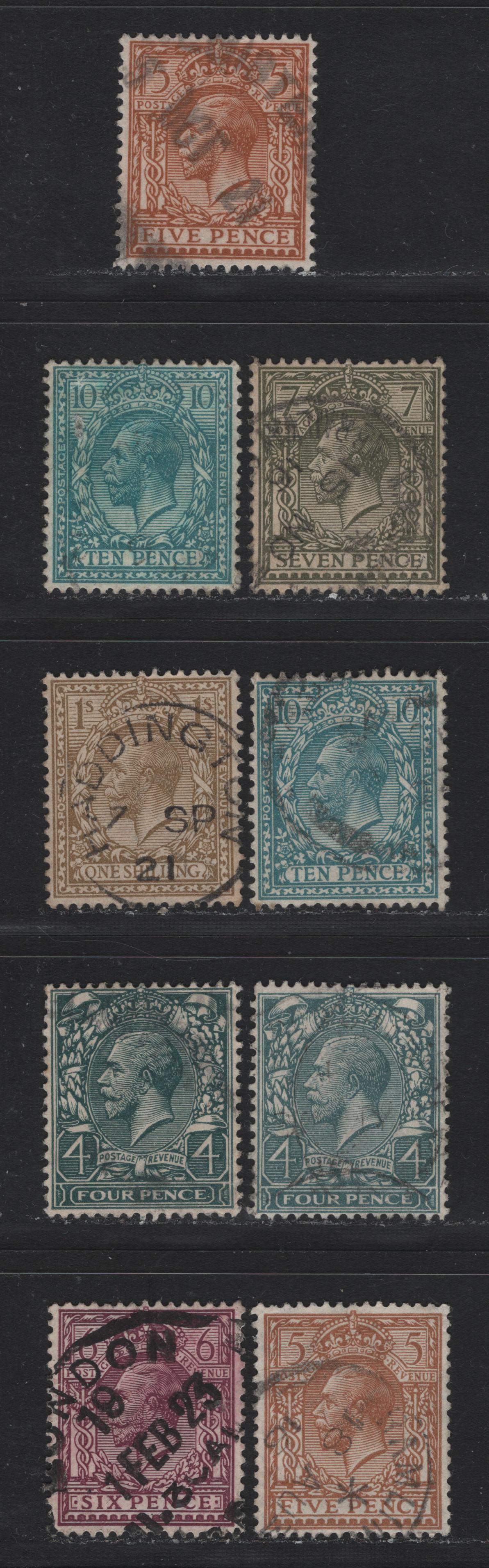 Lot 156 Great Britain (C) SG#378. 380. 382. 386-387. 394-a, 395 4d - 1/- Pale Gray Green - Bistre, 1913-1924 KGV Profile Heads Issue, 9 Very Fine Used Singles