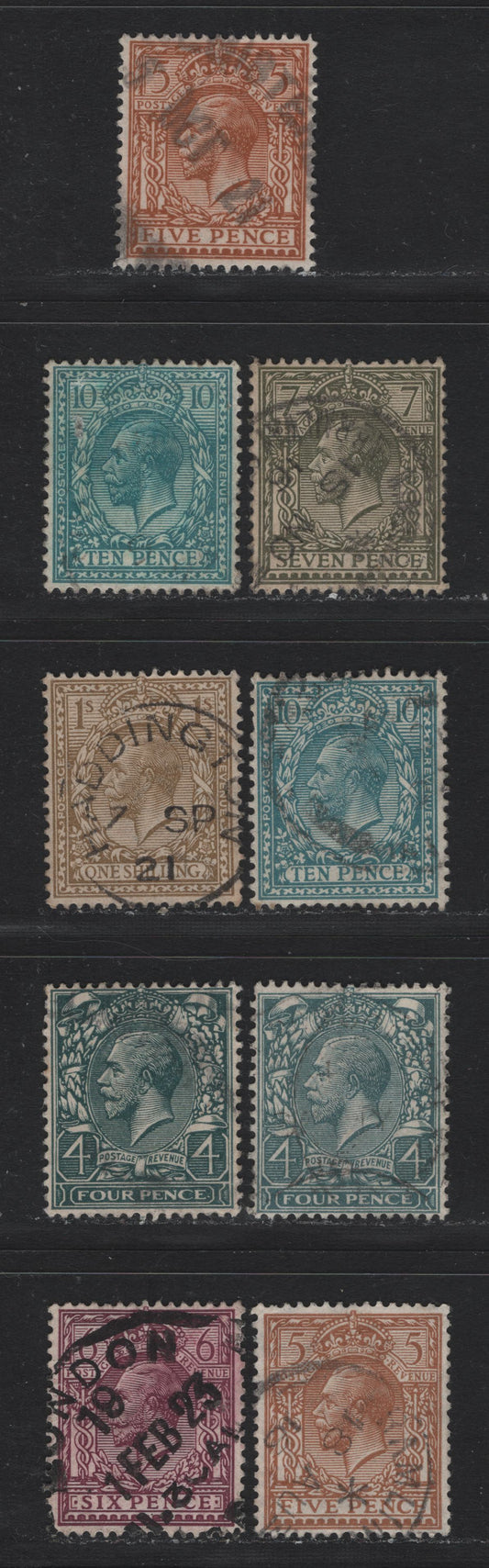 Lot 156 Great Britain (C) SG#378. 380. 382. 386-387. 394-a, 395 4d - 1/- Pale Gray Green - Bistre, 1913-1924 KGV Profile Heads Issue, 9 Very Fine Used Singles
